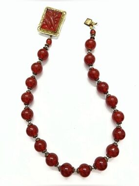 Antique Signed Czech Red Glass Filigree Choker Necklace Molded Center Clasp